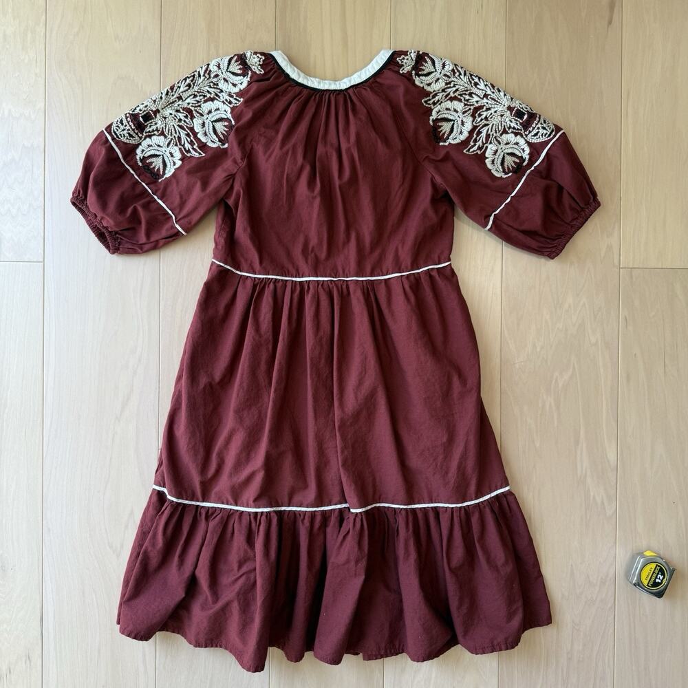 Anthropologie Gretel Embroidered Folk Peasant Maxi Dress XS Maroon Glam Boho - Picture 6 of 7